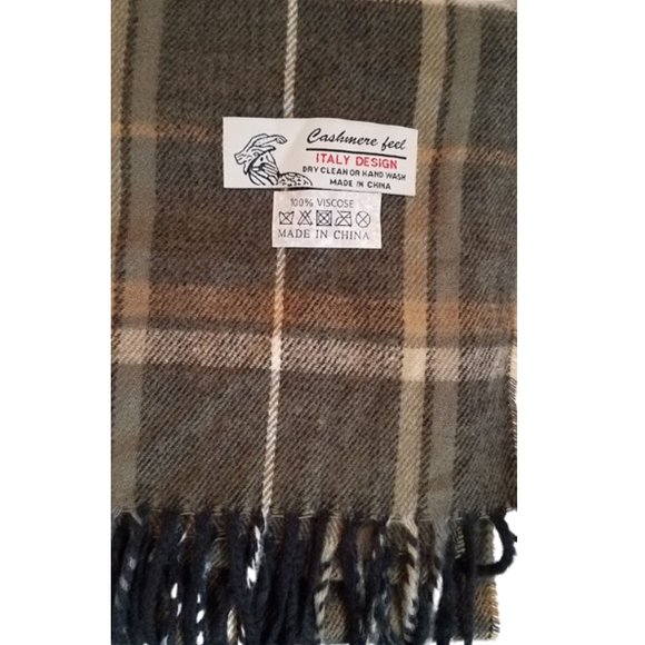 CASHMERE FEEL ITALY DESIGN Olive Plaid Viscose Scarf  Fringe Edge - Picture 5 of 8